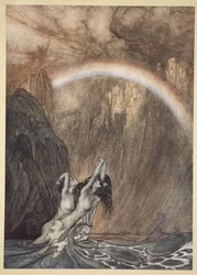 As crianças justas do Reno, Bewailing seu ouro perdido, choram, ilustração de "O Rhinegold e o Valkyrie", 1910